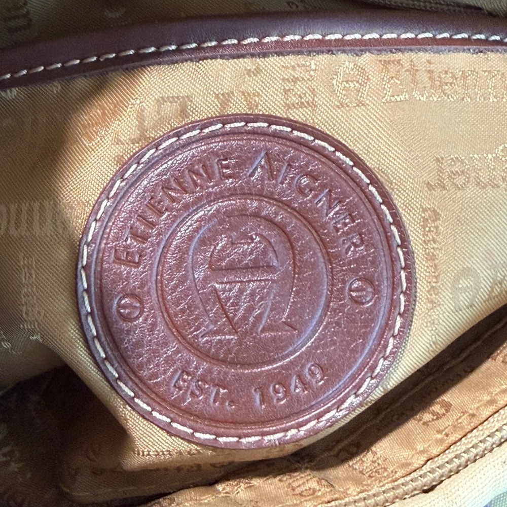 Etienne Aigner Small Shoulder Bag Tan Brown Trim Pockets Buckle Y2K Preppy - Picture 7 of 11